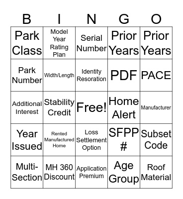 Manufactured Home Bingo Card