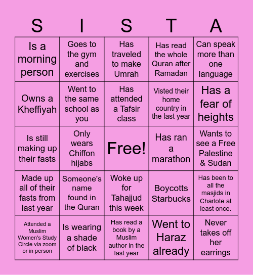 Find the Sista (5 in a row and wins) Bingo Card