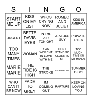 894 POP HITS 1981 Bingo Card