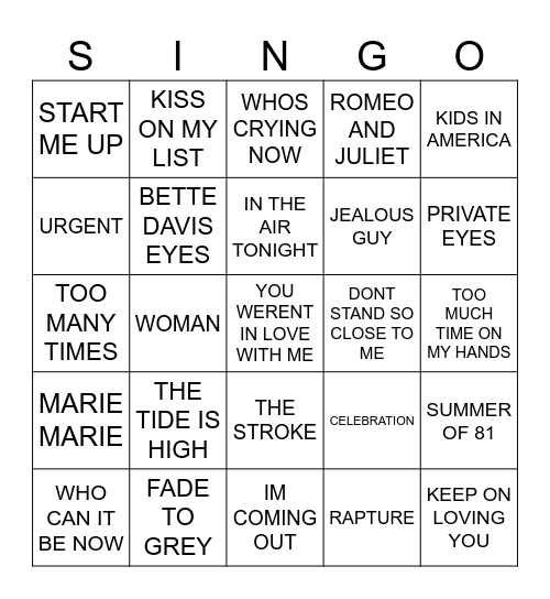 894 POP HITS 1981 Bingo Card