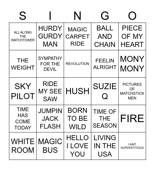 896 CLASSIC ROCK HITS 1968 Bingo Card