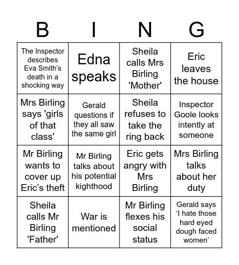 An Inspector Calls Bingo Card