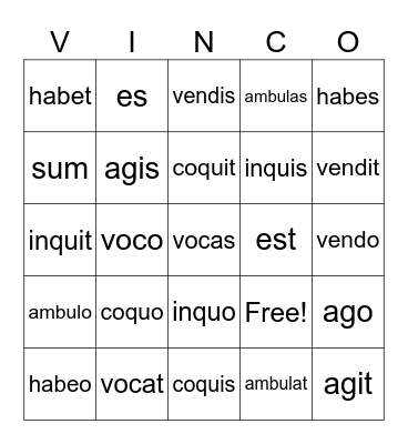 Stage 4 Verbs Test Review Bingo Card