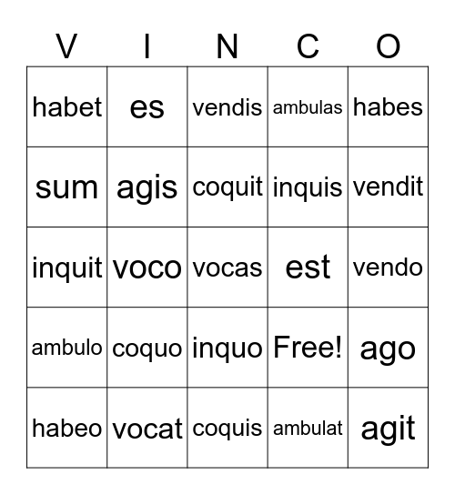 Stage 4 Verbs Test Review Bingo Card