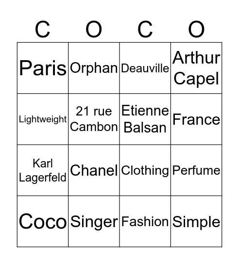 Coco Chanel Bingo Card