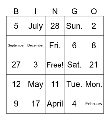 Calendar Bingo Card