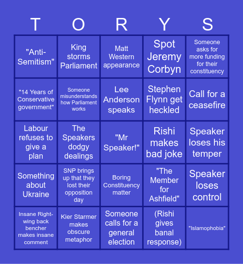 Pint Minister Questions Bingo Card