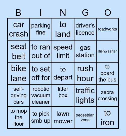 Transport & Appliances Bingo Card