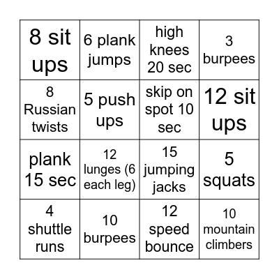 Fitness Bingo Card