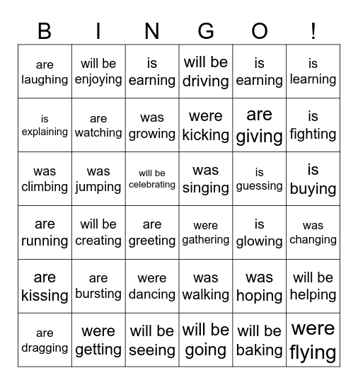 Past, Present and Future Tense Bingo Card