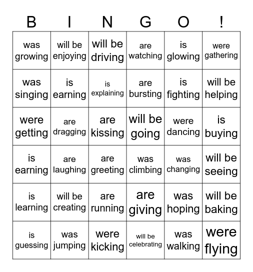 Past, Present and Future Tense Bingo Card