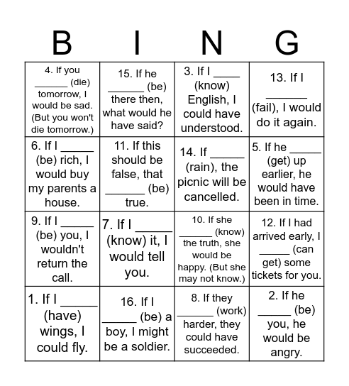 假設語氣 Bingo Card