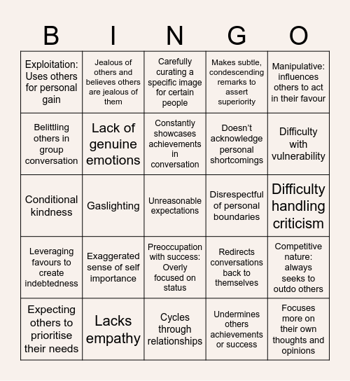 Narcissist Bingo Card