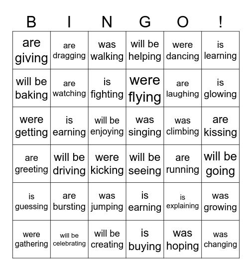 Past, Present and Future Tense Bingo Card