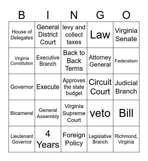 State Government Review Bingo Card