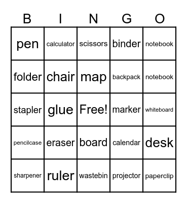 School Vocab Bingo Card