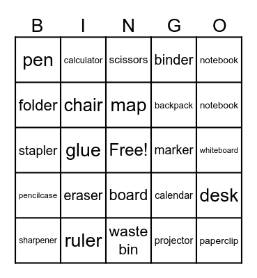 School Vocab Bingo Card