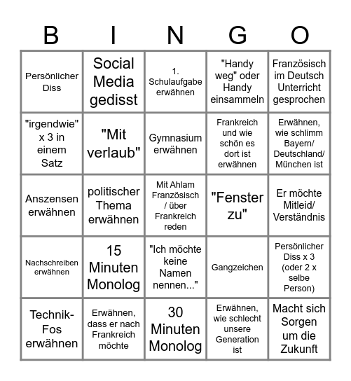 Schingo Bingo Card