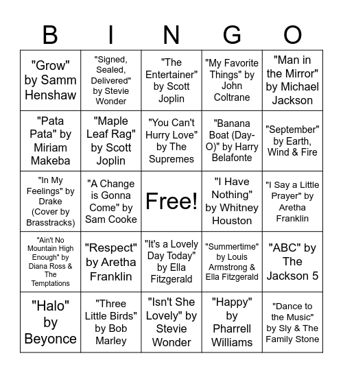 Black History Month Music Bingo Card