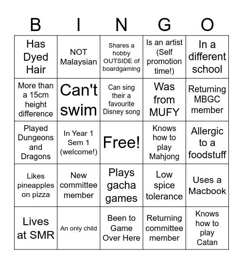 MBGC Welcome Night Bingo Card