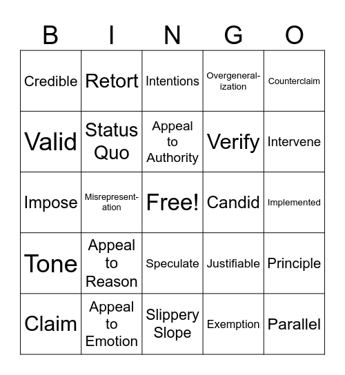 Unit 3 Vocab Bingo Card