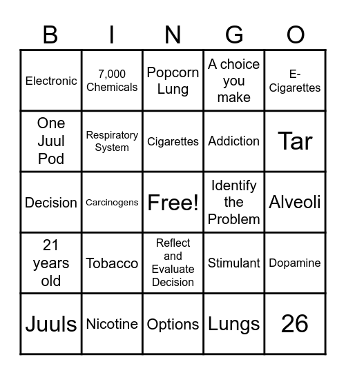 Nicotine and Decision Making Bingo Card