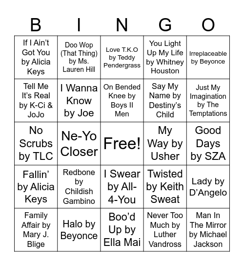 R&B Music Bingo Card