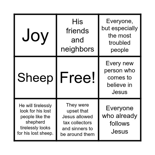 The Lost Sheep Parable Project Bingo Card