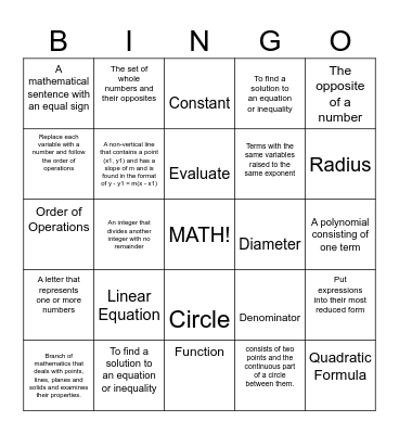 Math Bingo Board Bingo Card