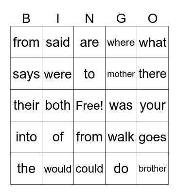 Heart Words # 1 Bingo Card