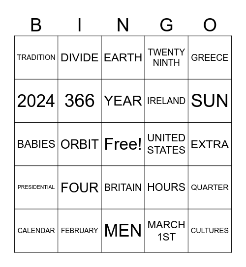 LEAP YEAR Bingo Card