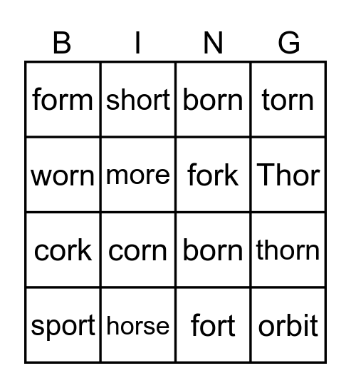 or words Bingo Card