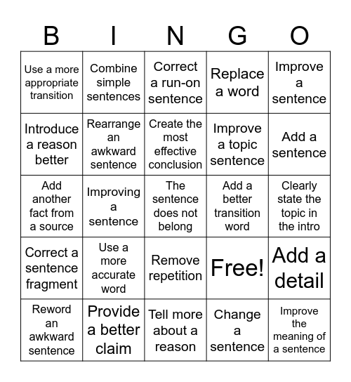 Revision Bingo Card