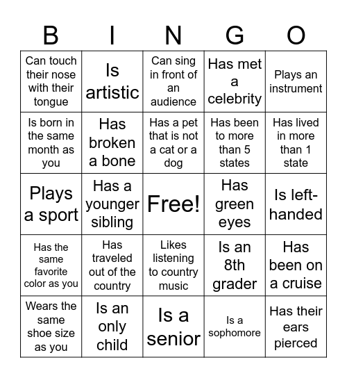 Big/Lil Get To Know You Bingo Card