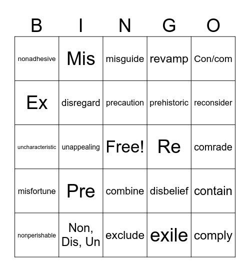 Prefix #1 Bingo Card