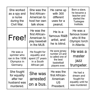 4th Grade Famous Black Figures Bingo Card