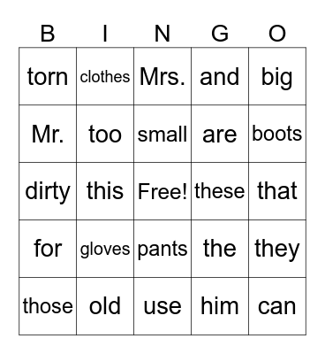 Old Clothes Bingo Card
