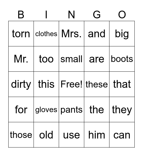 Old Clothes Bingo Card