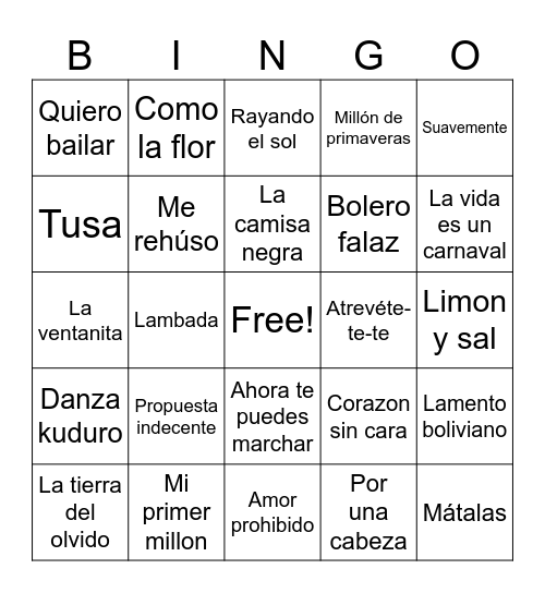 Latin music evening Bingo Card