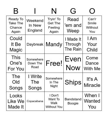 Barry Manilow Bingo Card