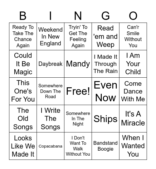 Barry Manilow Bingo Card