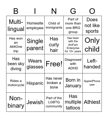 Diversity Bingo Card
