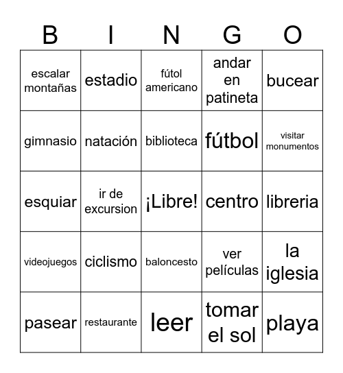 Pasatiempos, Lugares y Deportes Bingo Card