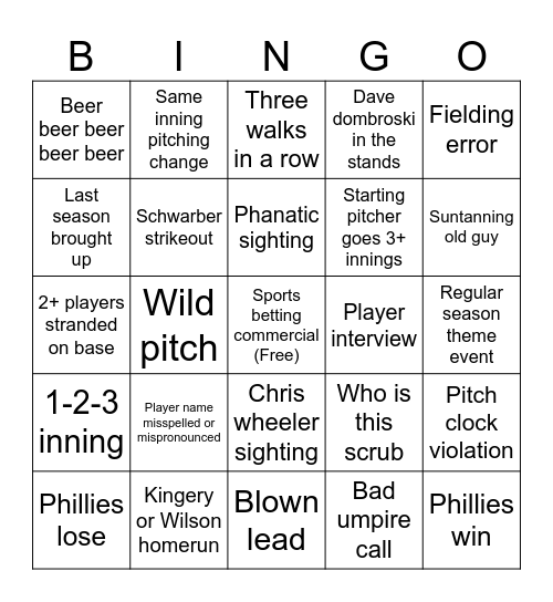 Spring Training Bingo Phillies Edition Bingo Card