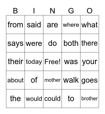 Heart Words # 1 Bingo Card