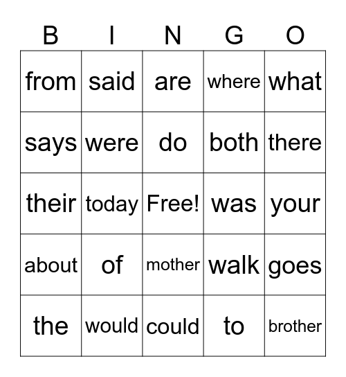 Heart Words # 1 Bingo Card
