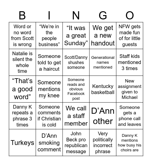 Staff Meeting Bingo Card