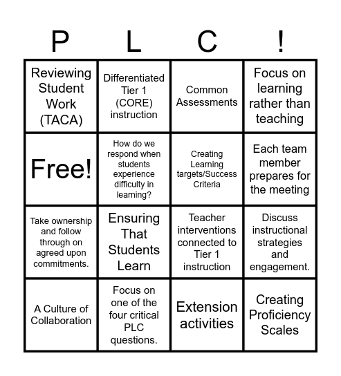 PLC Fishbowl Bingo Card