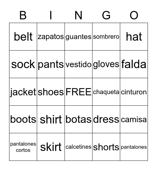 La Ropa Bingo Card