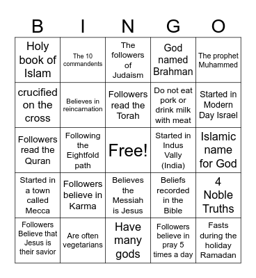 World Religion Bingo Card